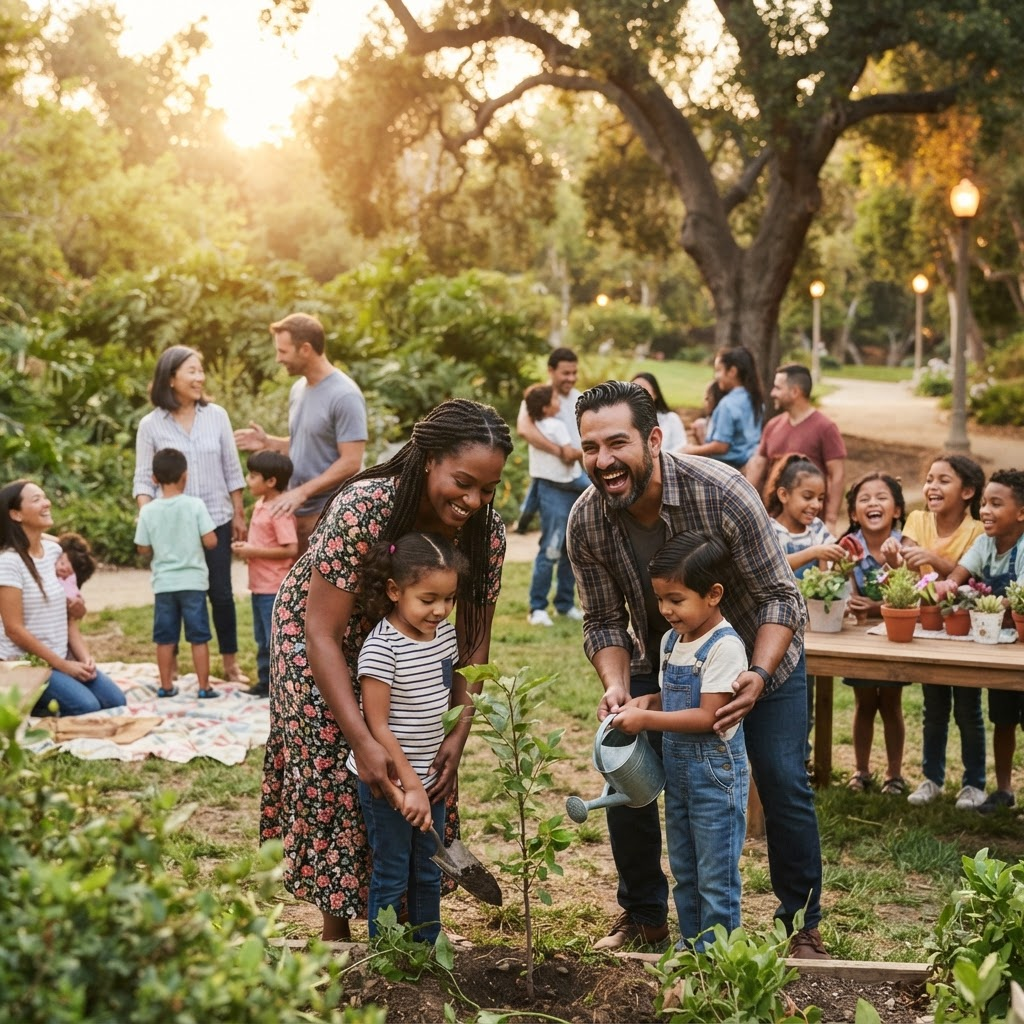 Families and children gathered together outdoors in a community park