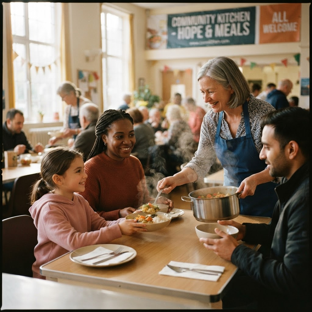 A family receiving a warm meal at a community kitchen